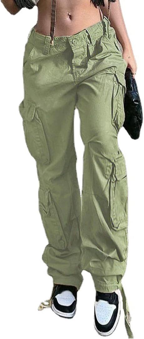 Viatabuna Women's High Rise Straight Leg Y2K Streetwear Cargo Pants Baggy Boyfriend Pants with Pocket (Light Green) S