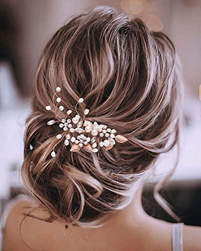 GORAIS Bride Wedding Hair Vine Pearl Bridal Headpieces Leaf Hair Accessories for Women and Girls (b-Rose Gold)