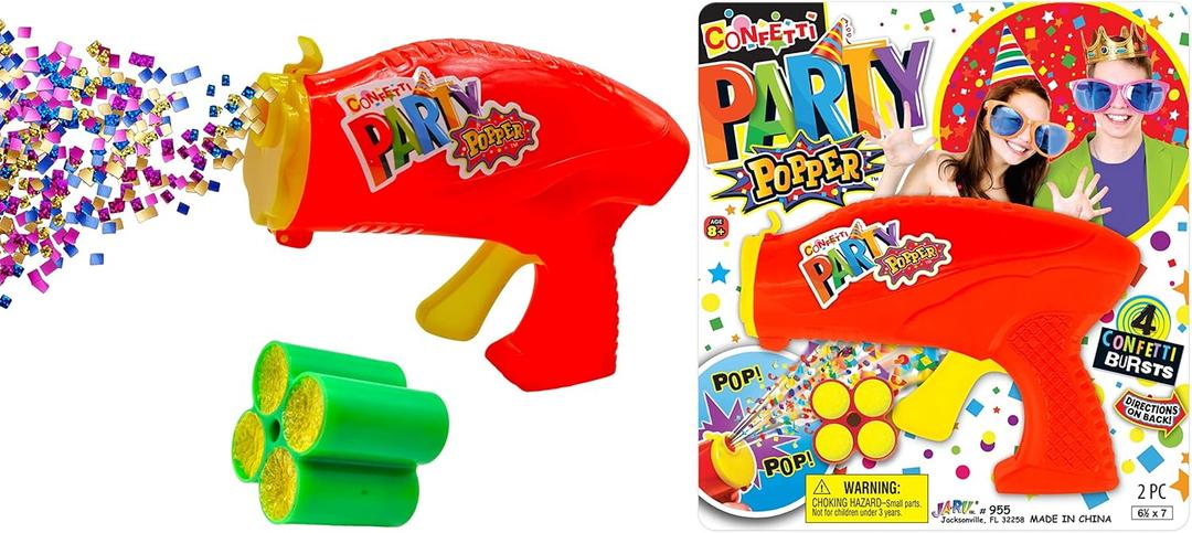 Confetti Party Poppers Gun Party Supplies (1 Gun 4 Shots) Plus Sticker Reusable Multicolor Metallic Confetti Poppers Gun Confetti Gun Party Favors Kids & Adults Birthday Parties Crazy Hour Fun 955-1s