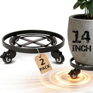 AMAGABELI GARDEN & HOME Plant Caddy with Wheels Heavy Duty 14 2 Pack Rolling Plant Stand Plant Dolly Iron Wheeled Lockable Casters Round Pot Mover Rollers Indoor Outdoor Planter Trolley Metal