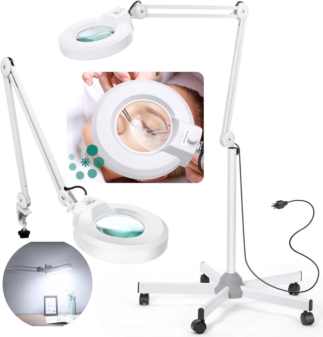 10X Magnifying Glass with Light and Stand, Floor Lamp with 5 Wheels Rolling Base for Lash Estheticians Facials, 2200 Lumens Stepless Dimmable, LED Lighted Standing Magnifier for Sewing Crafts (White)