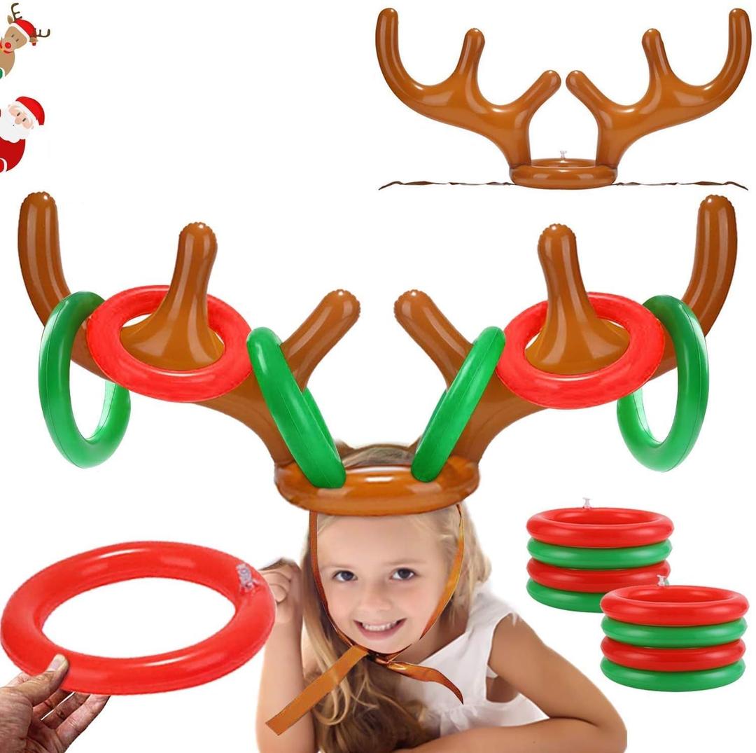2PCS Christmas Party Toss Game Inflatable Reindeer Antler Hat with Rings for Kids Adults Family Xmas Fun Games(1 Pump8 Rings, 2 Antlers)