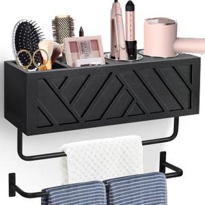 Hair Tool Organizer Wall Mount, Hair Dryer Holder with 2 Towel Bars, Wood Hot Tools Organizer, Rustic Bathroom Organizer Blow Dryer Holder for Bathroom Decor, Flat Iron, Curling Wand, Brushes(Black)