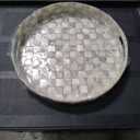 MACKENZIE-CHILDS Capiz Round Tray, Gray-and-White Sterling Check | Hand-applied design, made from capiz seashell, circular serving platter for food and drinks, 14" dia. x 2" H