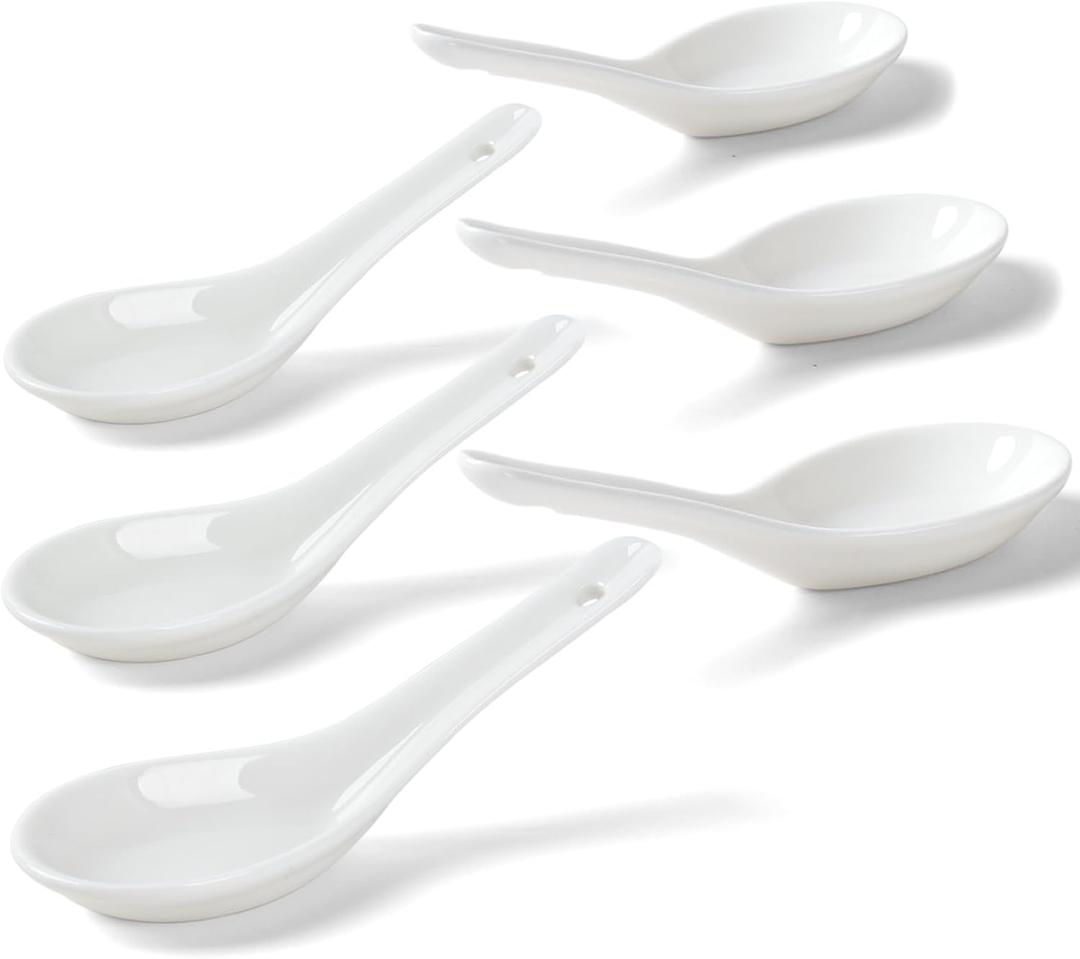 Soup Spoons Set of 6, Asian Ceramic Soup Spoons 5.3" Ramen Spoons Proper for Corelle Pho Miso Wonton Ramen Dumpling Macaron Dishwasher & Oven Safe