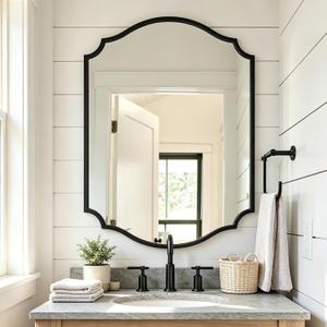 Black Arched Mirror, 32'' X 24'' Bathroom Vanity Mirror with Metal Frame, Elegant Scalloped Mirror for Living Room, Mantel, Entryway, Dining Room