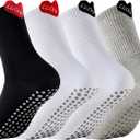 Women's Non-Slip Pilates Socks with Heart Design - 4 Pairs Crew Socks for Yoga, Barre & Workout - Cushioned Cotton with Grippy Rubber Dots - Cute & Functional