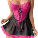 Lilosy Sexy Garter Belt Mesh Lace Babydoll Lingerie Dress Set with Thong, M