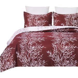 Vaulia Soft Microfiber Floral Duvet Cover Set, Branches Pattern White and Burgundy Red Color Reversible Design, 3-Piece (1 Queen Duvet Cover 2 Pillow Shams)