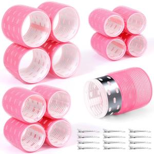 Thermal Jumbo Rollers Hair Curlers Set with Clips - 24 Large Self-Grip Rollers for Volume and Curls on Long, Medium, Short Hair (63mm, 48mm, 36mm) (Pink)