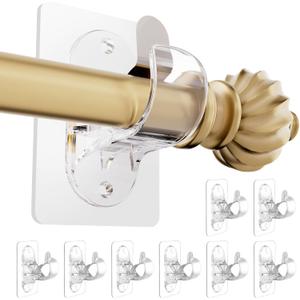 No Drill Curtain Rod Brackets, (8 Pack) Self Adhesive Curtain Rod Holders No Screw Nail-Free, Adjustable Heavy Duty Stick On Curtain Hangers Hooks for 0.5 to 1.3" Dia Rods