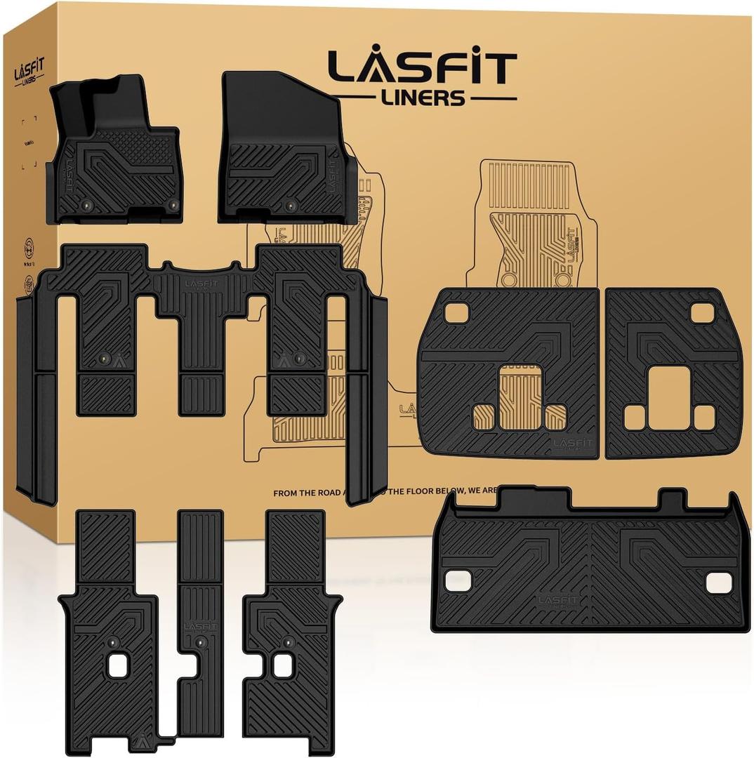 LASFIT Floor Mats & Backrest Mats & Cargo Mat for Kia Carnival 2026 2025 2024 2023 2022 (Only Fit Gas & 8 Seats), All Weather TPE Custom Fit Floor Liners Full Set Car Mats Trunk Mat Accessoires, Black