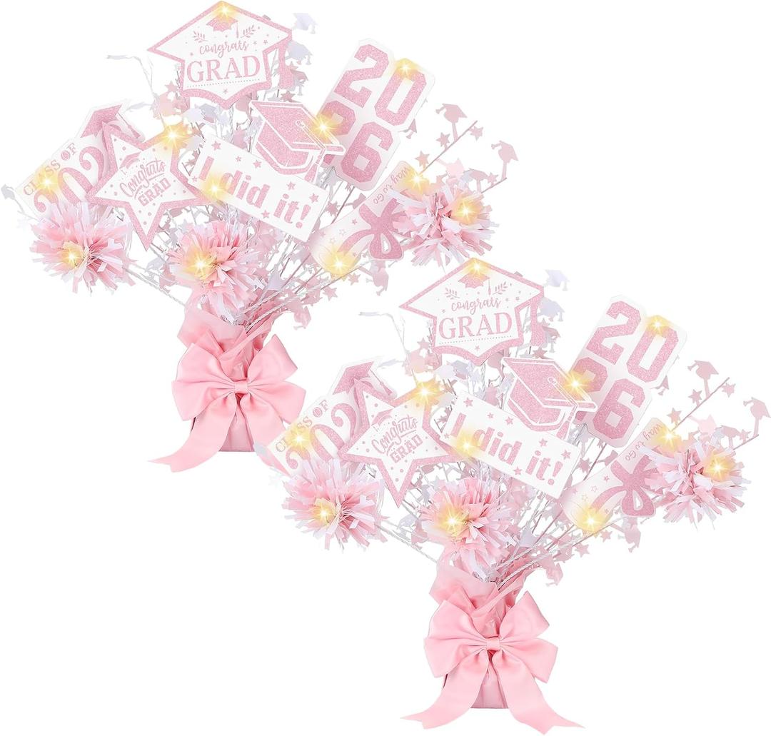 DoubleFill 2 Set Pink Graduation Decorations Class of 2026 Graduation Table Centerpieces Sticks Table Toppers with Lights for College High School Congrats Grad Party Supplies