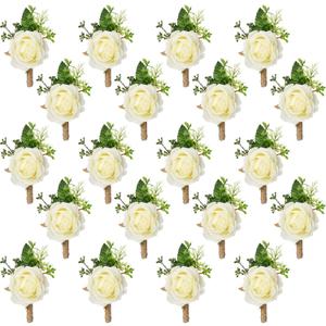 Sherr 20 Pcs Rose Boutonniere for Men Wedding Corsage Rose Groom and Groomsmen Boutonniere with Artificial Flower for Rustic Vintage Wedding Ceremony Anniversary Dinner Prom Party (White)