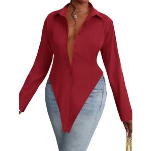 OPOIPIN Women's Collar V Neck Button Down Long Sleeve Slim Fit Slit Hem Shirt Blouse Top (S)