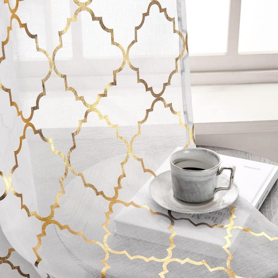 Kotile Gold and White Sheer Curtains 45 Inch Length 2 Panels Set Metallic Moroccan Ogee Print Sheer Kitchen Curtains, Rod Pocket Light Filtering Privacy Short Sheer Window Curtains, W52 x L45 Inch