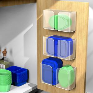 YIGII 3-Pack Clear Acrylic Tupperware Lid Organizer, Inside Cabinet Storage Bins with Adhesive Backing, Self-Adhesive Container Lid Holder for Kitchen Pantry, Modular Design, Easy Installation