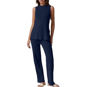 QINSEN Lounge Sets for Women Two Piece Outfits Knit Sleeveless Vented Hemline Tops Wide Leg Pants Sweater Sets, Navy Blue, Size: XL