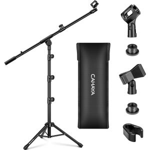 CAHAYA Mic Stand Floor Adjustable - Tripod Boom Arm Microphone Stand with Carrying Bag 2 Mic Clips 3/8" to 5/8" Adapter for Singing Podcast Compatible with Blue Yeti Shure SM58 SM48 Fifine K669B (Black)