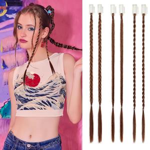 REECHO 6PCS Clip in Braid Hair Extensions for Women 14 Inch Clip in Braids Synthetic Braided Hairpieces for Daily Costume Party, Dark Brown with Copper Highlights