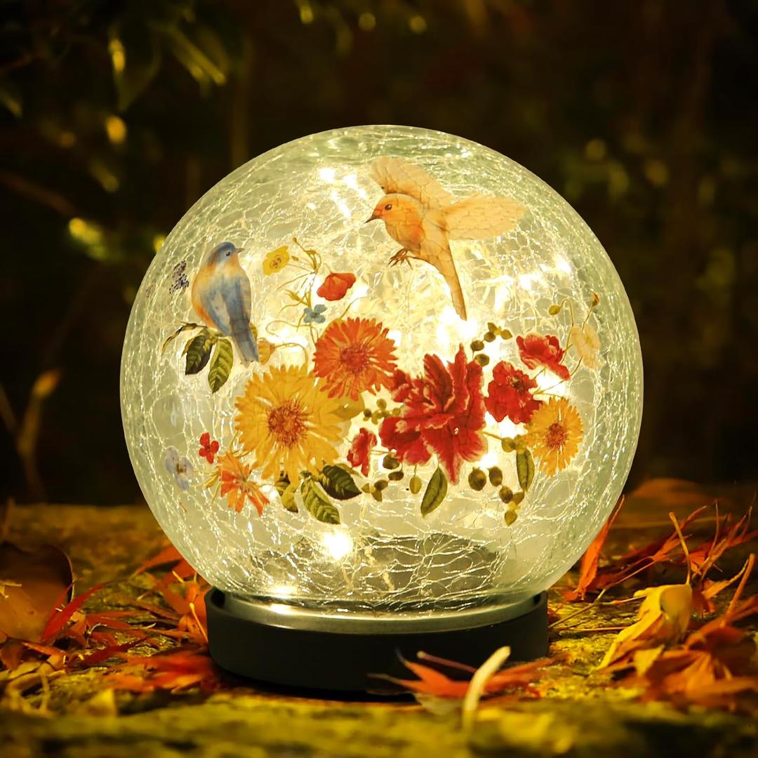 Solar Globe Lights Outdoor Waterproof, Cracked Glass Ball Orb Lights, Waterproof Globes for Garden Pathways, Patio Decor & Backyard Landscaping, Round Ornaments Orbs (Red-Yellow Flower)