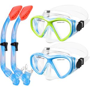 Kids Snorkel Set Dry Top Snorkeling Gear for Kids Youth Boys Girls Junior Age 5-15,Tempered Glass Swimming Diving Mask and Snorkel Set 180 Degree Panoramic View