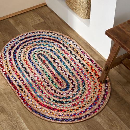 CottonCove Hand Woven Braided Rug Jute Chindi 2x3 Feet Oval - Rustic Farmhouse Bohemian Accent Rug for Living Room Bedroom Kitchen Entryway Reversible Floor Mats - Jute Cotton Braid Area Rug