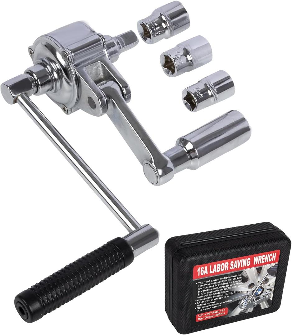 Labor Saving Torque Multiplier Wrench Set, 1:16 Ratio Lug Nut Remover with 1/2" Drive, Heavy Duty Lug Wrench for Loosening Stubborn Wheel Nuts, Includes 17/19/21mm & SAE Sockets for Cars, SUV, RV