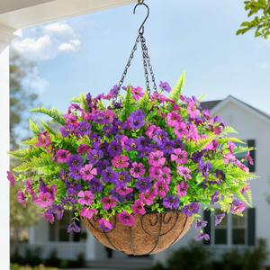 Artificial Flowers Hanging Baskets, Multicolor 12 Bundles Faux Flower with Ferns Outdoor Hanging Basket Spring Summer Decoration, Fake Flowers Plants for Porch Patio Balcony Home Yard Decor