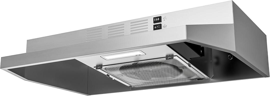 FIREGAS 24 inch Range Hood Under Cabinet, 300CFM Ducted/Ductless Convertible Kithen Hood in Stainless Steel with 2 watt LED Light and Filter, 2 fan speeds, hassle-free installation