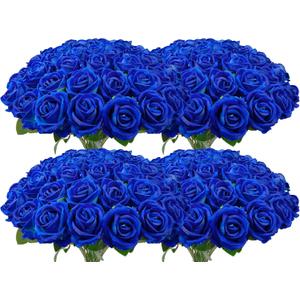 Wondrus Bulk Artificial Flowers 100 PCS, Fake Velvet Silk Blue Roses with Long Stems Realistic Bouquet for Wedding Centerpieces, Faux Arrangement for Home Table Decor