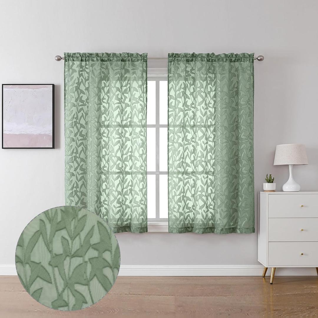 Lecloud Leia 2 Panels Semi Sage Green Sheer Curtains 45 Inch Length, Light Reducing Jacquard Clip Small Window Curtain Bedroom/Living Room/Kitchen, Farmhouse Leaves Voile Drapes Rod Pockets, 38W x 45L