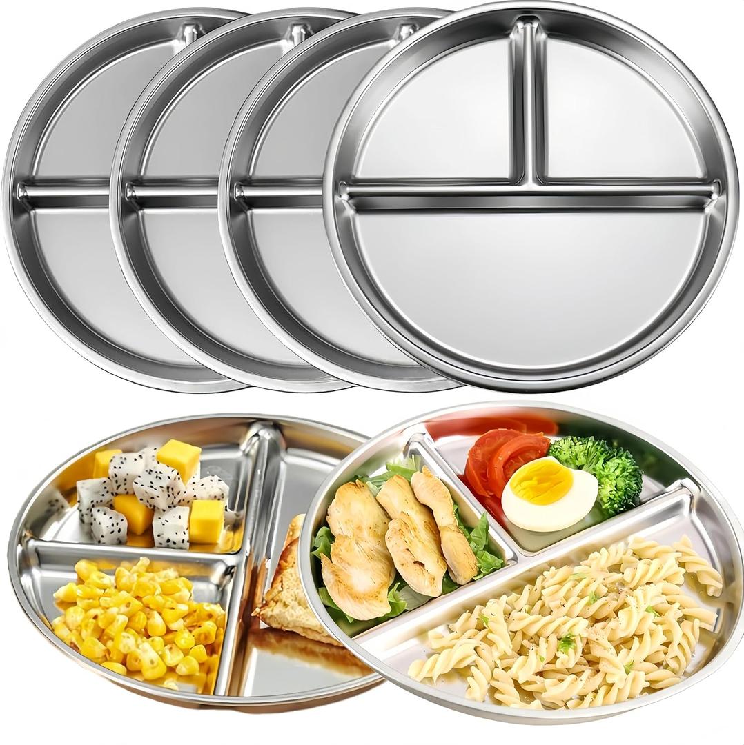 MYOVPLUT Stainless Steel Kids Plates Set of 6, 9 Inch Divided Plate for Adults and Toddlers,Metal Portion Control Plates for Balance Lunch, Bariatric & Diabetic Diet,Unbreakable,Dishwasher Safe