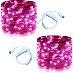 RUICHEN 20 Ft 120 LED USB Fairy String Lights with On/Off Switch, Waterproof Copper Wire Lights for Bedroom Wall Ceiling Wreath Christmas Easter Valentines Day Wedding Party, Pink, 2 Pack