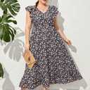 KOJOOIN Women's Plus Size Summer Dress with Pocket Ruffle Cap Sleeveless V Neck Side Split Long Beach Maxi Dress Black Flower 3XL (Black, XXXL)