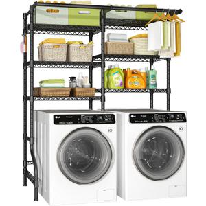 Ulif U13 Medium Over Washer and Dryer Storage Shelves, 6 Tiers Laundry Room Standing Shelf with 2 Hanger Rods, Space Saver Clothes Drying Rack, 57.8" W x 22" D x 77.4" H, Black