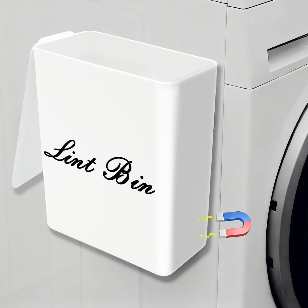 Artilife Magnetic Plastic Lint Bin with Lid for Laundry Room, 6 X 5 Inch Compact Wall Mount Lint Holder for Dryer, Small White ABS Trash Can for Dryer Lint and Sheets
