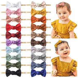 jollybows 20PCS 3.2" Baby Girls Linen Headbands Hair Bows Stretchy Nylon Hairbands for Newborn Infant Toddler Hair Accessories