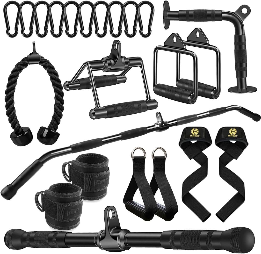 LAT Bar Cable Attachment with Rubber Handgrips, Deluxe Heavy Duty Solid Curl Bar Revolving Hanger Home Gym Cable Attachments (Black Set +48 in Lat Bar)