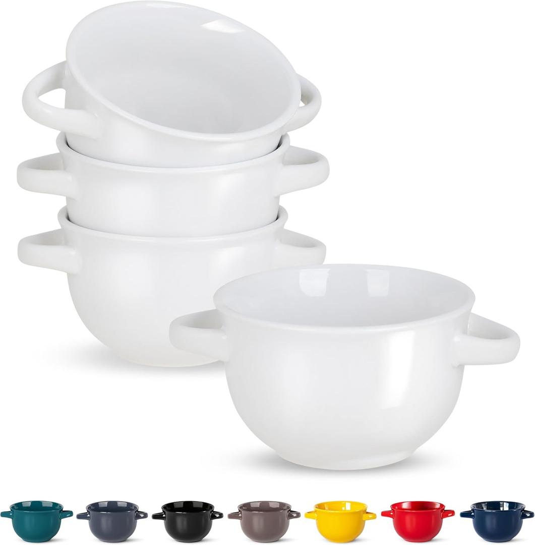 KooK Soup Bowls, French Onion Crocks, Oven Safe Dishware, Mugs, Ceramic Set, Dishwasher, Microwave, Set of 4, 18 oz (White)
