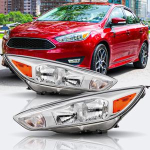 Headlights Assembly with bulbs Compatible with 2015 2016 2017 2018 Ford Focus Headlamp Replacement Chrome Housing Pair (15-18 Focus)