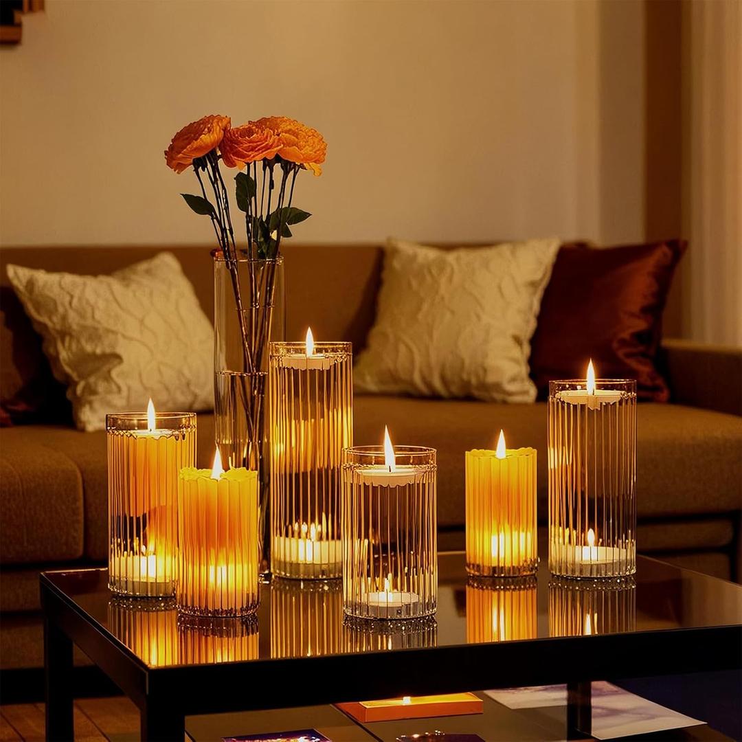 yshengood 6 Pcs Glass Hurricane Candle Holder Ribbed Glass Candle Holder - Elegant & Easy to Use, Perfect for Wedding, Holiday, Party Decor, Home and Event Essential