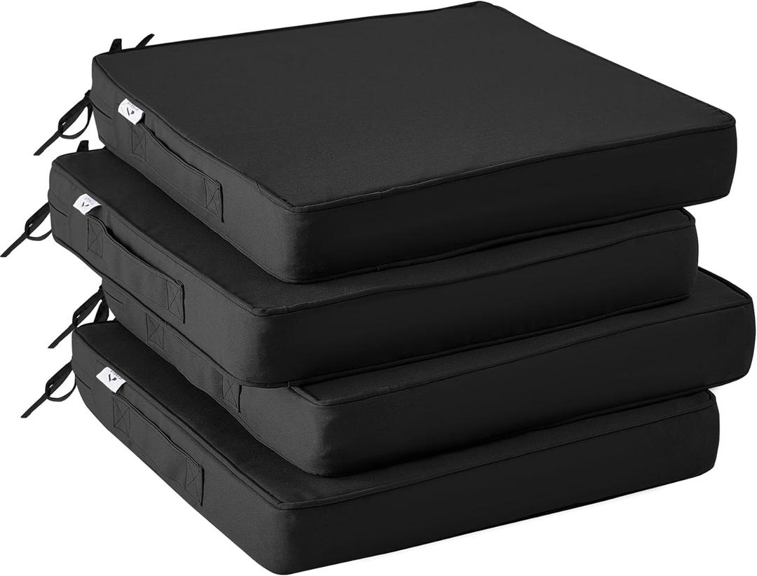 Outdoor Chair Cushions Set of 4,Waterproof Outdoor Seat Cushions for Patio Furniture,Patio Chair Cushion with Handle and Ties, Square Out Door Chair Pads,19" x 19" x 3", Black
