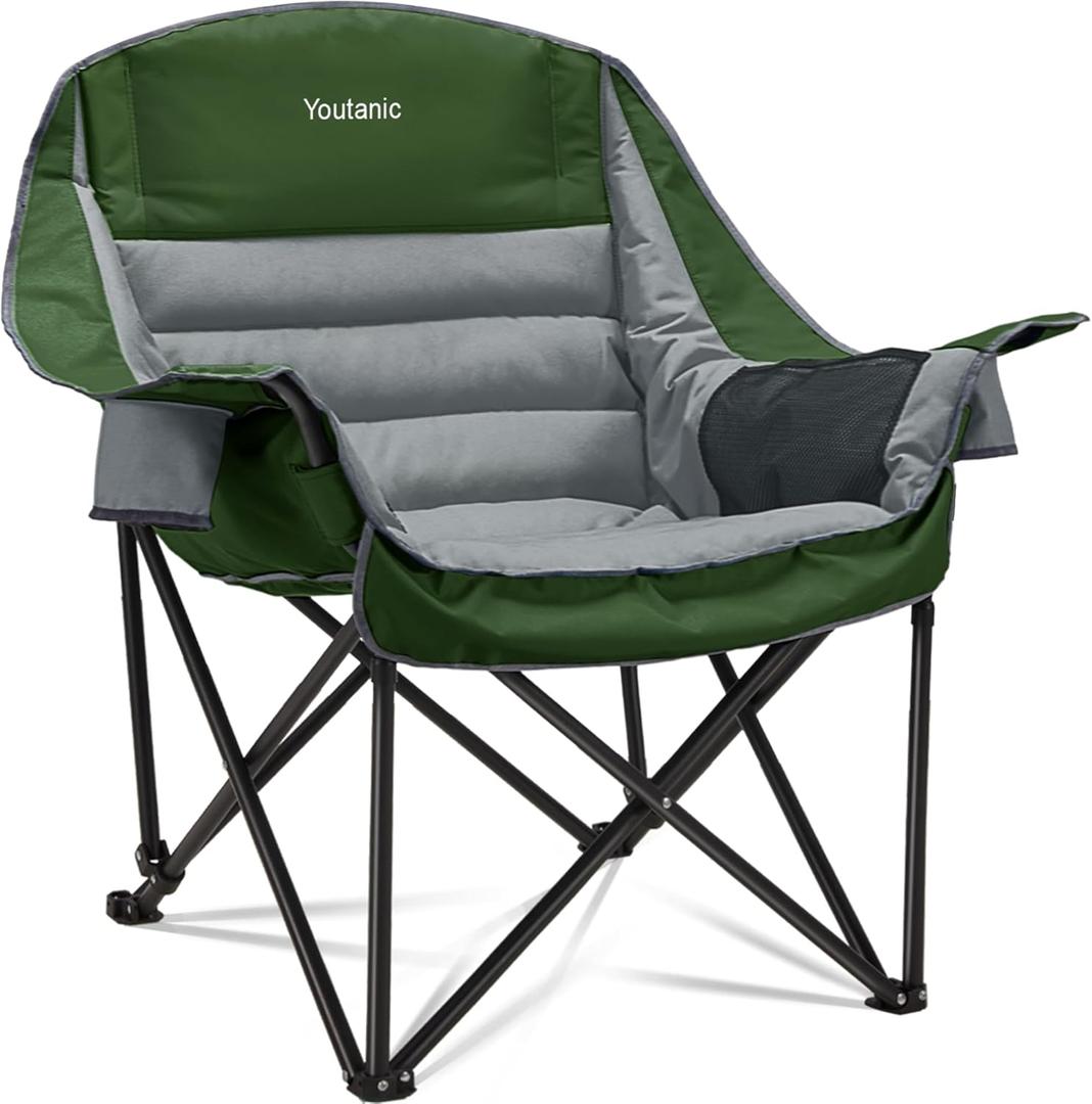 Oversized Camping Chair, Portable Folding Camping Chairs with Side Pocket, Cup Holder and Carry Bag, Heavy Duty Outdoor Camping Chairs for Adults, Fishing, Sports, Trip, up to 400lbs, Style 7 (Gray/Green)