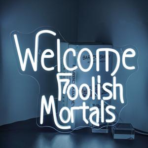 LookLight Welcome Foolish Mortals Halloween Decor Neon Sign Cold White Letters Neon Light Dimmable Spooky Gothic Haunted Mansion LED Signs for Halloween LED lights Wall Decor USB Light Up Sign for Bar Party Decoration 15x12.6inchees
