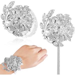 Yunsailing 2 Pcs Rhinestone Wrist Corsage and Boutonniere Set - Artificial Flower Corsage Wristlet for Wedding Prom Homecoming Bridesmaid Bridal Shower Anniversary Formal Event(Silver Gray,Pearl)