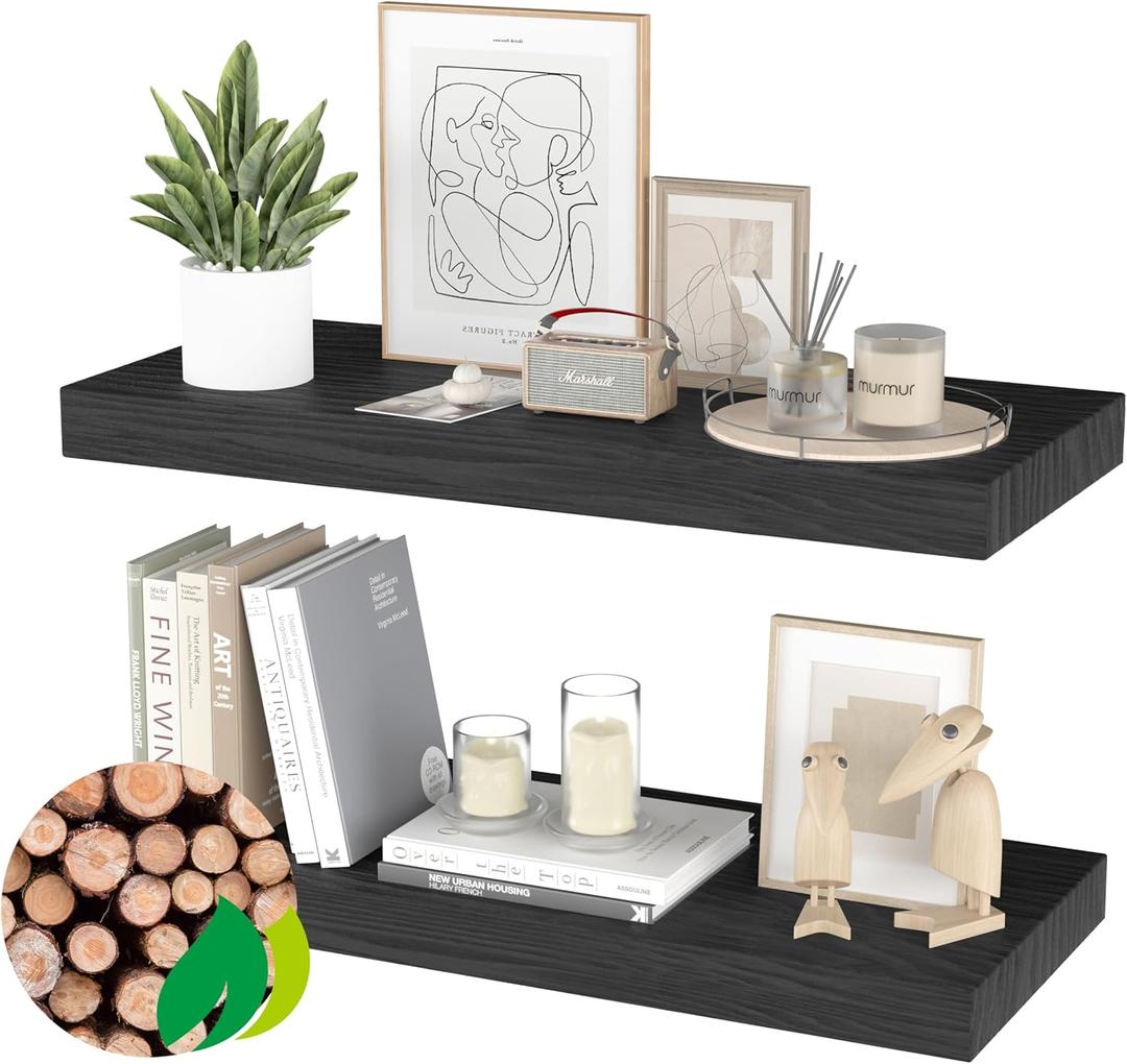 Floating Shelves for Wall - 32 x 9 Inch Natural Wood Shelves for Bathroom, Bedroom, Kitchen Decor, Farmhouse Decor Set of 2, Black (32", Black)