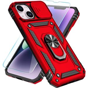 SunStory Compatible with iPhone 13 Case/iPhone 14 Case with HD Screen Protector & Slide Camera Cover & Rotated Ring Kickstand,[Military-Grade] Phone Case for iPhone 13/14(Red)