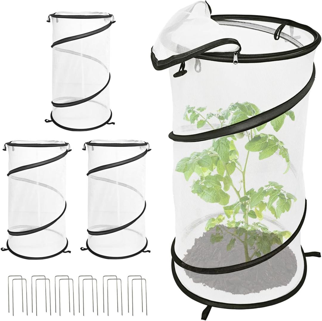 4 Pack Pop Up Plant Covers from Animals, 12"x 24"Round Foldable Insect Barrier Net Garden Plant Protectors with Stakes & Zipper, Bird Protection for Outdoor Vegetables Flowers Fruits Plants (White)