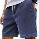 Mens Cargo Shorts Casual Drawstring Elastic Waist Corduroy Summer Beach Shorts with Pockets (Blue, S)